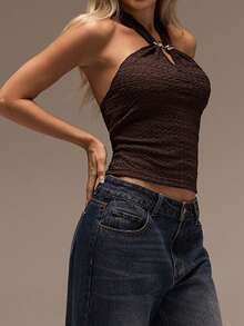 SHEIN Forever 21 Top halter para vacaciones en la playa, ferias del Renacimiento, conciertos country, graduación, salidas, festivales de música, aeropuerto, Pascua, estilo bohemio para mujeres - Café integral - Ver 7