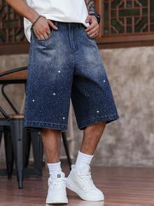Manfinity EMRG Pantalones cortos vaqueros de pierna ancha con ajuste holgado y adornos de diamante de imitación para hombre - Azul lavado oscuro - Ver 5