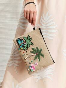 SHECARRY 1pc Ladies Fashionable Summer Vacation Bohemian Summer Style Coconut Tree Flamingo Colored Acrylic Bead Clutchs, For Beach, Vacation, Holiday, Summer, Seaside, Beach Party (Colored Acrylic Beads Randomly) - Beige - View 2