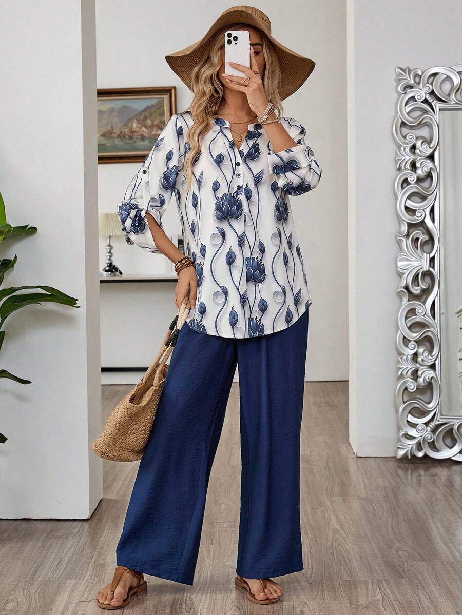 EMERY ROSE Damset med vår-/höstmönster, avslappnad semesterstil, botaniskt tryck, topp med rullflikar och vida byxor - Multifärgad - Visa 1