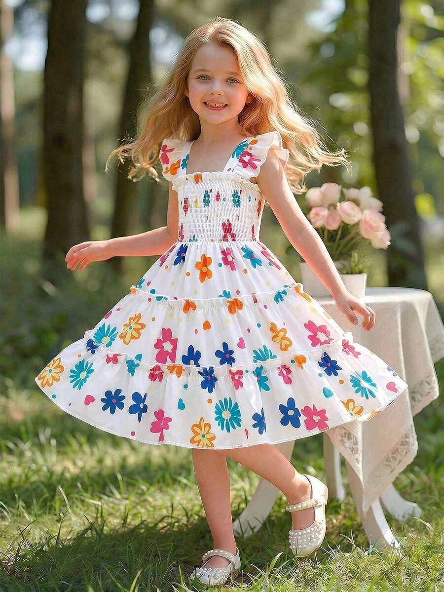 Elladie kids 女童碎花度假连衣裙,甜美粉白拼接,精致荷叶袖,适合4-7岁女童,非常适合度假、海滩、日常穿着,春夏皆宜。 - 白色 - 查看 1