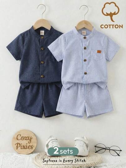 Cozy Pixies 4件套男婴纯色休闲圆领短袖开衫衬衫和松紧腰短裤套装