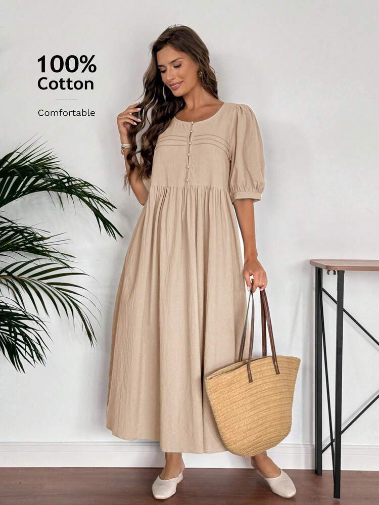 Plus Size Women's Casual Vacation Round Neck Mid-Sleeve Short Sleeve Long  Dress, Spring/Summer, Plus Size Women's Summer Casual Vacation Country Solid Color Round Neck Mid-Sleeve Short Sleeve Long Dress, Spring/Summer,Summer\Vacation,Summer Holiday,Spring Break Outfits ,Vacation Outfits Women ,Holiday Outfits For Women,Going Out Outfits,2026 New Clothes,Simple And Fashionable For Everyday Wear,Suitable For Summer, Vacation, Daily Wear,Suitable For Summer, Vacation, Daily Wear,Dresses For Women,Flowy Dress ,Beach Outfits For Women,Casual Vacation Boho Dress,Gifts For Mother