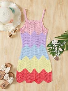 SHEIN Tween Girl Colorblock Hollow Out Cami Beach Cover-Up Dress - Multicolor - View 2