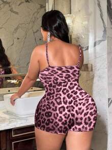 NU&NOW Plus Size Leopard Print Sheer Patchwork Jumpsuit - Pink - View 2