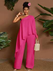 Maweii 2pcs/Set Asymmetric Hem Loose Yellow Casual Vacation Commute Plus Size Outfits, Suitable For Spring, Summer, Autumn Fall - Hot Pink - View 1