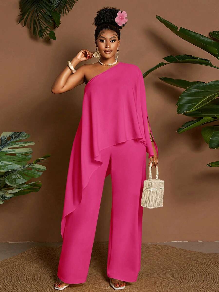 Maweii 2pcs/Set Asymmetric Hem Loose Yellow Casual Vacation Commute Plus Size Outfits, Suitable For Spring, Summer, Autumn Fall - Hot Pink - View 1