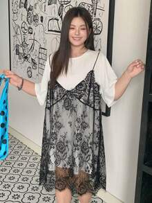 Dazy Plus 蕾丝拼接吊带背心二合一短袖休闲白色加大码女式春夏连衣裙太阳裙 - 黑與白 - 查看 5