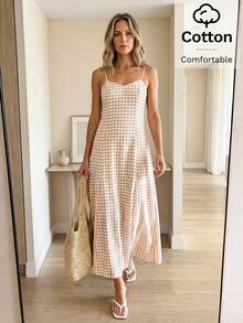 Easowa Vestido maxi de mujer de estilo minimalista casual a cuadros, adecuado para citas y fiestas. Vestidos de verano para mujer, vestido de picnic, vestidos casuales largos para mujer, atuendos de vacaciones, vestido de crucero para mujer, vestido maxi a cuadros largo sin mangas de mujer con cuello cuadrado y tirantes de espagueti con silueta de línea A para playa, vacaciones, verano, vestido de algodón, vestido de verano, vestido de playa, vestidos de vacaciones, atuendo de concierto de campo - Multicolor - Ver 6