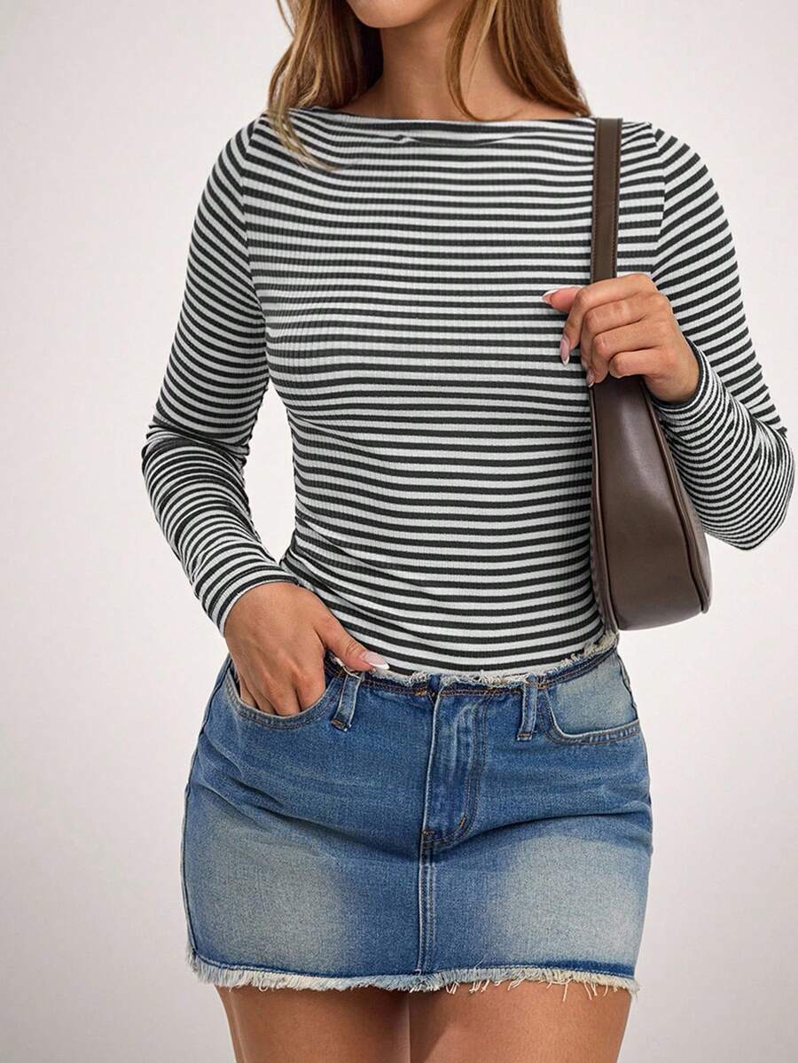 SHEIN Forever 21 Camiseta casual de mujer de cuello de barco a rayas de manga larga y ajustada - Gris - Ver 1