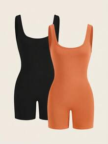SHEIN SXY 2 Packs Women's Summer Casual Solid Color Sleeveless Jumpsuit Gym Burnt Orange Black - Multicolor - View 3