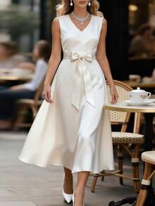 Balvessa French-Style Off-White Summer Elegant Wedding Bridal Dress,Women's V-Neck Sleeveless Fitted Waist Bow Tie Satin Mid-Length A-Line Classic High Quality - White - View 1
