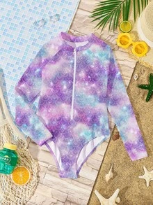 SHEIN Traje de baño de una pieza con cuello redondo y manga larga, estampado en tie-dye, informal y minimalista para niñas preadolescentes, adecuado para el verano - Multicolor - Ver 3