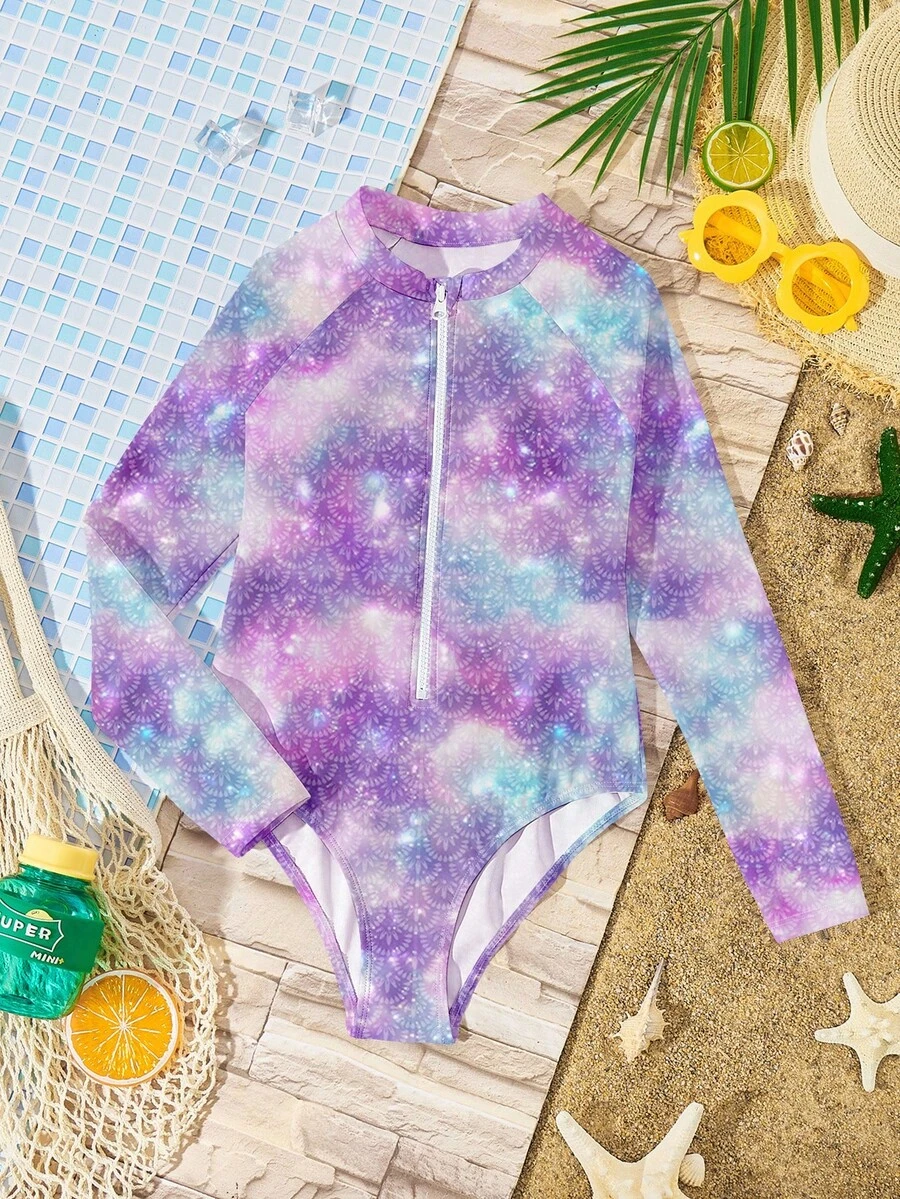 Tie-Dye Print, Tween Girls Casual Minimalist Crew Neck Long Sleeve One-Piece Swimsuit, Suitable For Summer - Multicolor - View 1