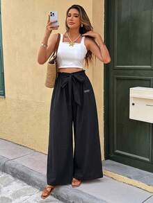 SHEIN Frenchy 女士 100% 纯棉休闲度假字母贴布阔腿裤 - 黑色 - 查看 5