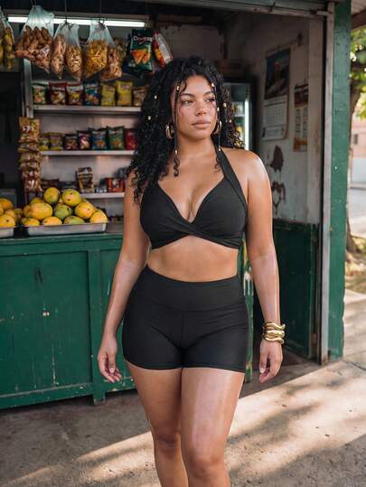 Swim Vcay 2026 New Sports Style Slimming Swimsuit | Criss-Cross Bandeau Design Lifts And Supports Bust, Prevents Exposure | High-Waist Shorts Slims Waist And Thighs | Boxer Shorts Prevent Riding Up, More Secure | Solid Black Versatile Slimming | Swimwear Set For Swimming Training, Spa, Water Sports