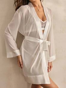 Charlaine Elegant Sexy Romantic Delicate Semi-Sheer Faux Silk Women Robe - White - View 3