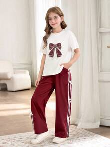 SHEIN 2pcs/Set Setelan Atasan Pita Rhinestone dan Celana Pita Bergaris untuk Anak Perempuan, Gaya Busana Jalanan - Burgundy - View 8