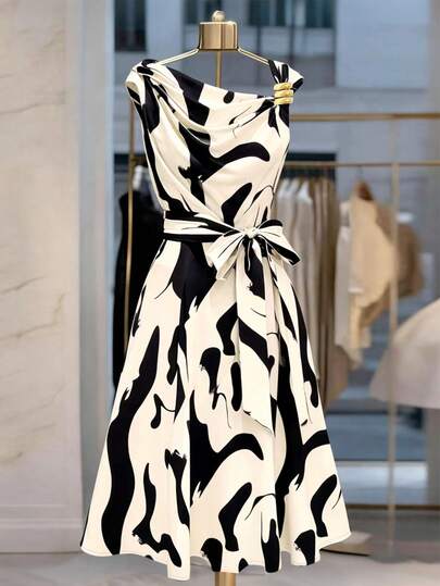 GlowEve CURVE 大码女式全印花A字无袖连衣裙，收腰设计，金属扣装饰，时尚优雅，适合工作、购物、日常穿着，春夏皆宜，夏季女装连衣裙，复活节女装