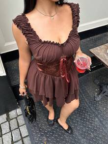 Sunnyshic Fashionable Sexy Vintage Off-Shoulder Ruched Waist Cute Dress Date Night Brown Summer - Brown - View 6