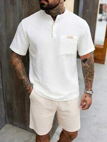 Manfinity Homme Men's Solid Colour Patch Pocket Summer Casual Multifunctional Short-Sleeve Shirt Men's Beach Linen Shirt - White - View 4