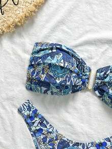 Swim Vcay Women's Tropical Print Halter Bikini Set With Metal Decor, Casual Vacation Bikini Set - Multicolor - View 3