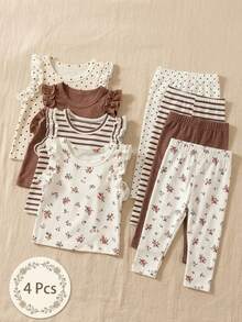 SHEIN Vintaside Kids 3pcs/Set Baby Girls' Summer Casual Outfits, Includes Solid Color & Striped Tops, Comfortable & Breathable, Suitable For Outings, Vacations, Daily Wear - Brown - View 1