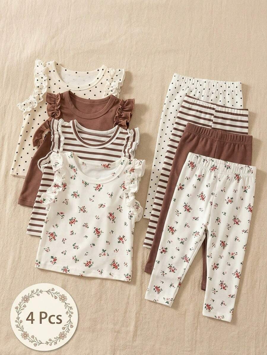 SHEIN Vintaside Kids 3pcs/Set Baby Girls' Summer Casual Outfits, Includes Solid Color & Striped Tops, Comfortable & Breathable, Suitable For Outings, Vacations, Daily Wear - Brown - View 1