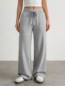 SHEIN ICON 小码舒适休闲纯色针织低腰阔腿女式运动裤 - 灰色 - 查看 9