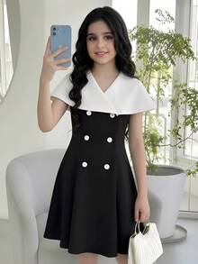 SHEIN Gaun A-Line Elegan Warna Hitam & Putih dengan Kerah Besar untuk Anak Perempuan Remaja - Hitam dan Putih - View 8