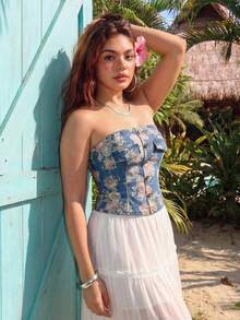 ROMWE Fairycore Summer Outfits Plus Size Floral Print Denim Camisole Top, Backless Design - Medium Wash - View 4