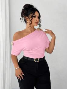 Elenzga Plus Size Women Elegant Personalized Versatile Casual Commute Cold-Shoulder Top - Pink - View 5