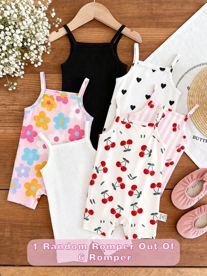 [6 piezas aleatorias, enviar 1 pieza] Mono de tirantes casual de estilo coreano para niña, con estampado vintage lindo y dulce de rayas rosas, cereza, corazón y floral, adecuado para primavera/verano, atuendos de verano lindos para salidas, artículos de verano para niños, artículos para salidas de verano, estilo Y2K, Kawaii, para fiestas, uso diario, vacaciones, cómodo, casual de fin de semana, relajado