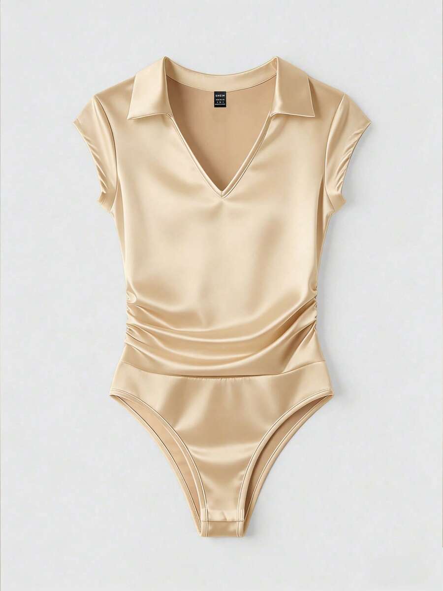 Franclia Women's Summer Fashionable Pleated Luxury Waist-Cinched Polo Collar Bodysuit - Champagne - View 1