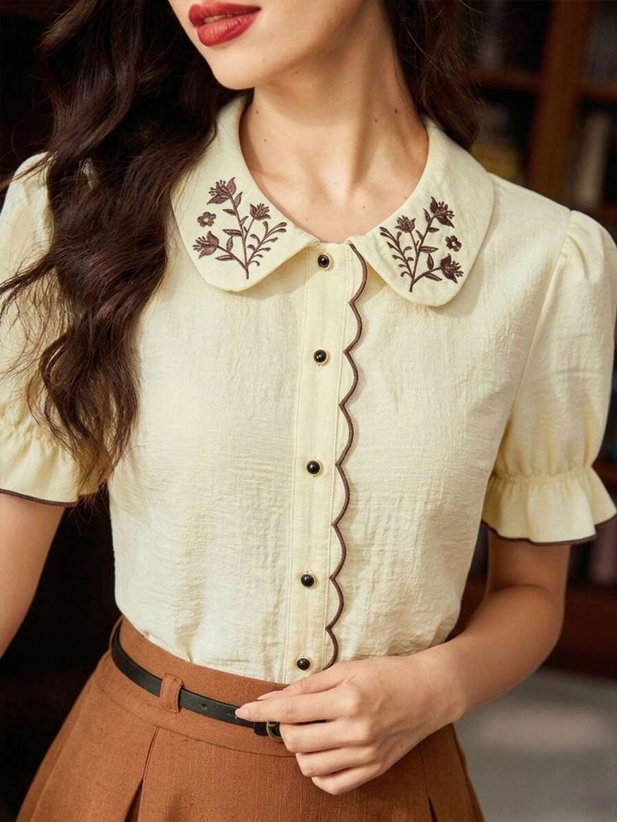 Vintamour 复古经典优雅女士刺绣翻领衬衫，修身短袖荷叶边下摆衬衫，浅黄色女士衬衫，优雅高贵女士上衣和衬衫，法式衬衫，夏季女士衬衫，女士Polo衫，正式乡村风格女士衬衫 - 鵝黃色 - 查看 1