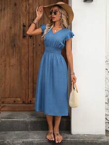 Faunlyn Robe décontracté femme de couleur unie, style minimaliste col V, manches courtes, pour un port quotidien - Bleu azur - Voir 5
