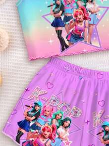 2件套少女时尚K-POP女团字母星星印花套装，彩色卡通人物印花，扎染工艺，韩流粉丝礼物，男女童装，吊带背心和短裤夏季套装 - 彩色 - 查看 6
