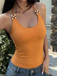 DAZY Top de verano casual sin espalda con cuello de halter elástico y cuentas para mujer - Naranja - Ver 5