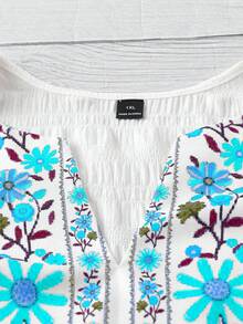 Linhara Plus Size Elegant Embroidery Digital Print Ruffle Sleeve Casual Vacation T-Shirt, Slimming Effect, Spring/Summer - Blue and White - View 7
