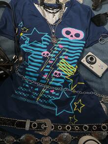 Glimmora 2000SY2K 印花女式 V 领修身短袖 T 恤，哥特风格，适合日常穿着、通勤、派对、聚会和返校场合。 - 彩色 - 查看 3