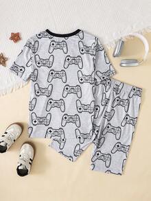SHEIN Set de 2 piezas de pijama de pantalón corto y camiseta de manga corta con estampado de control de juegos minimalista y luminoso para adolescentes, cómodo, amigable con la piel, casual, estilo universitario, versátil, tela suave, adecuado para uso diario, vacaciones, primavera/verano - Negro - Ver 2