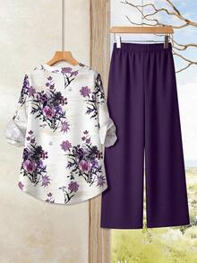 EMERY ROSE Purple Floral Print Plus Size Women Cuffed Sleeve Shirt And Wide Leg Pants 2 Pieces Set - Multicolor - View 2