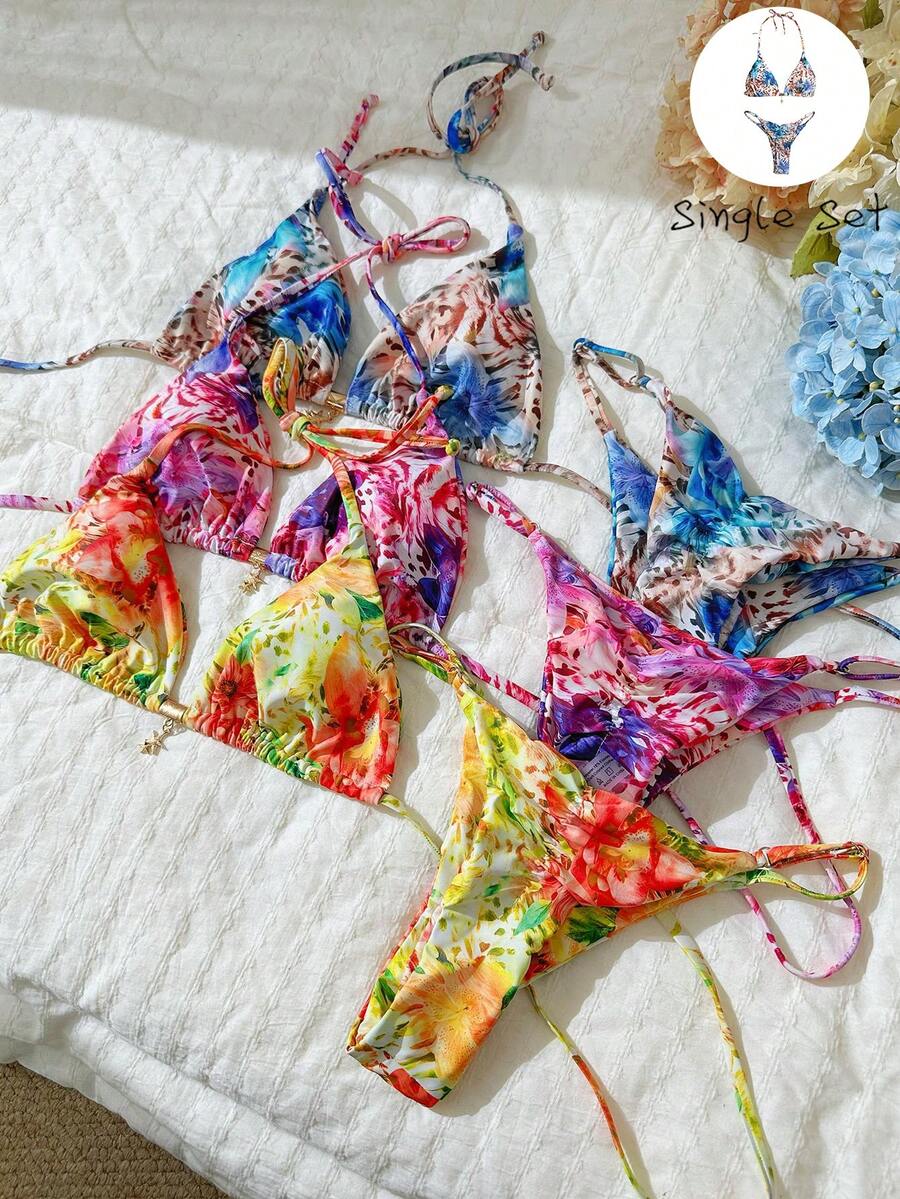 Elavelle Springbreak Women's Random Print Spaghetti Strap Sexy Bikini Swimwear Set, Summer Beachwear Outfits - Multicolor - View 1