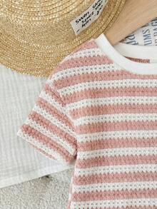 SHEIN LMoss Kids 女嬰條紋蝴蝶結裝飾圓領短袖T恤與短褲套裝 - 粉色 - 查看 4