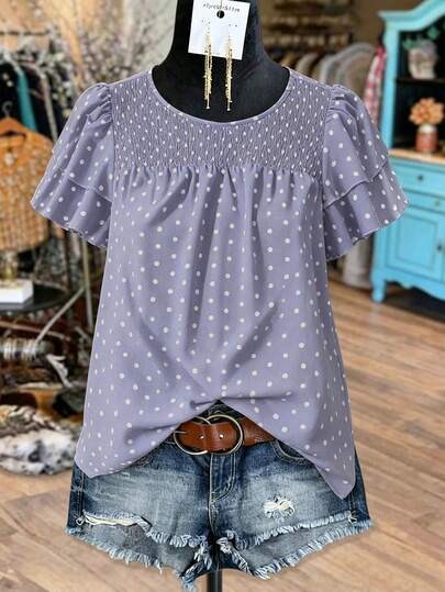 Linhara Plus Size Women's Polka Dot Ruched Double Layer Sleeve Casual Blouse