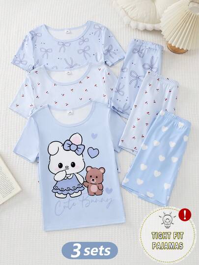 SHEIN Bộ 6 món cho bé gái, dễ thương và thanh lịch, thoải mái, mềm mại, co giãn, chất liệu vải dệt kim, họa tiết thỏ hoạt hình màu xanh dương, nơ và sọc, in hình quả anh đào, gồm áo tay ngắn cổ tròn và quần short.