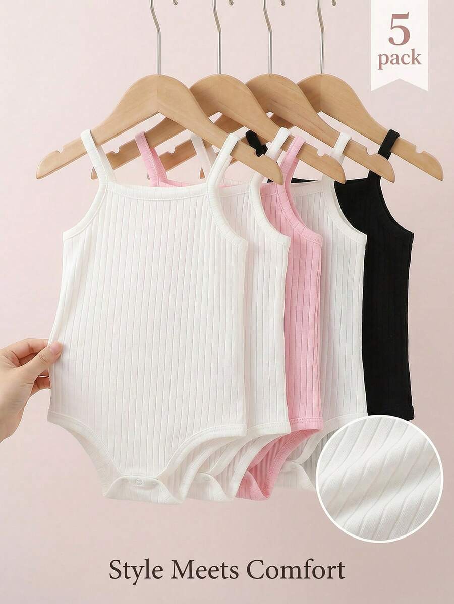 SHEIN Playful Pals 5 piezas Paquete de 5 conjuntos de ropa para bebé niña Recién nacido Niña bebé Conjuntos de ropa casual básica Estilo lindo y elegante Textura de punto acanalado Sólido Rosa Blanco Negro Camisetas de tirantes finos Tops de tubo Suave y transpirable Cómodo - Blanco - Ver 1