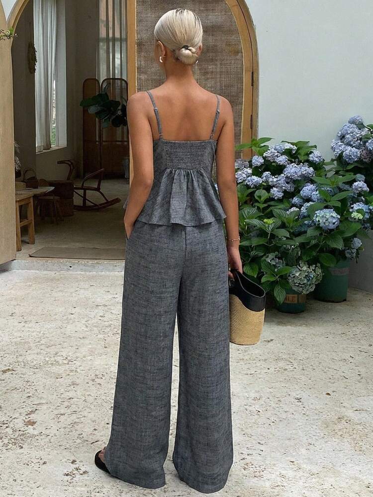 Women's Solid Color Ruffle Hem Camisole And Wide Leg Pants Casual 2 Pieces Set