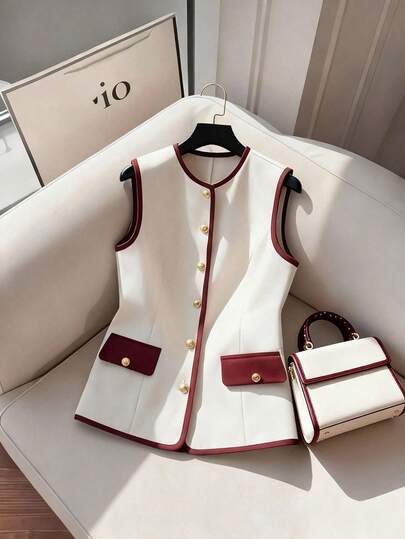 GlowEve CURVE Summer Contrast Color Sleeveless Vest Jacket, Main Body In Clean Beige/Off-White, Trim And Pockets, Plus Size For Women