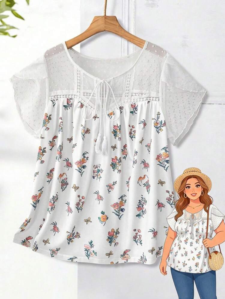 Plus Size Women Spring Casual Vacation Floral Print Petal Sleeve Blouse